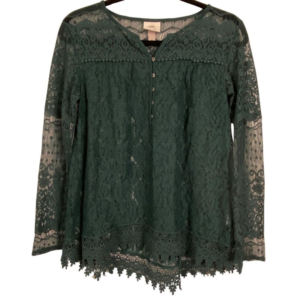 Knox Rose Green Lace Boho Henley Tunic Top Long Sleeve XS